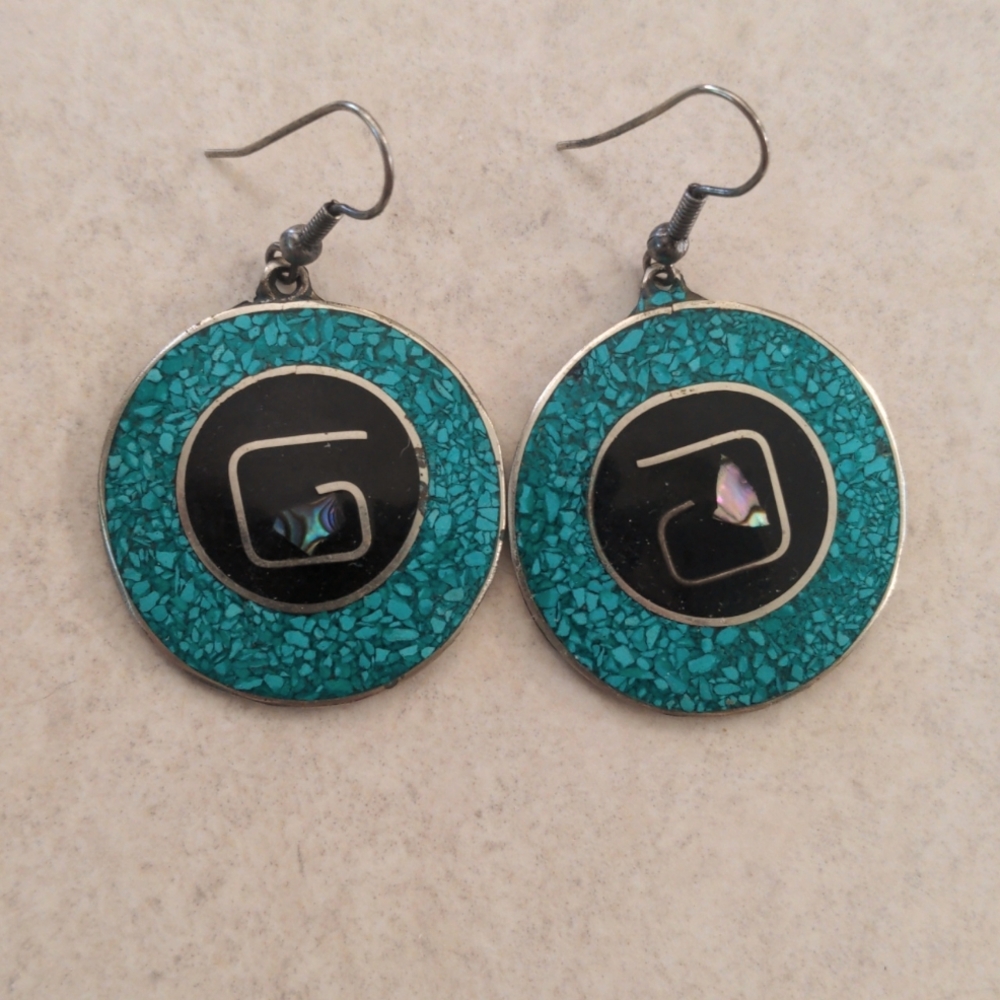 Vintage Abstract Mexico Alpaca Silver Blue Turquoise Abalone Enamel Earrings